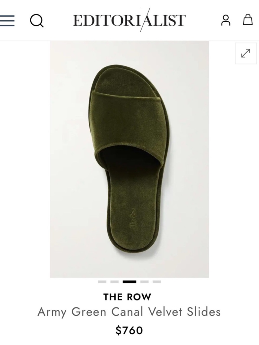 The Row Olive Velvet Slide Mules, size 38
